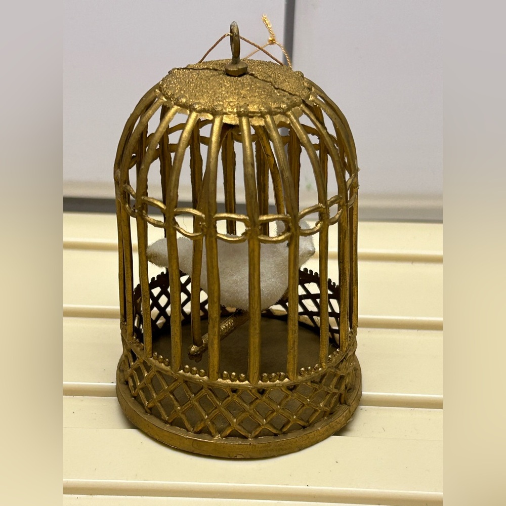 Vintage Plastic Christmas Tree Ornament White Bird In A Gold Birdcage Doubl Glo
